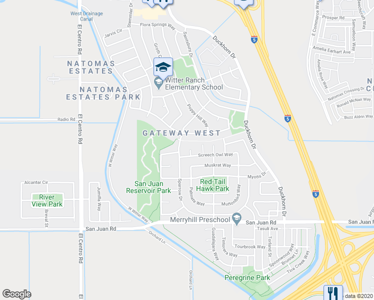 map of restaurants, bars, coffee shops, grocery stores, and more near 24 Petrel Court in Sacramento