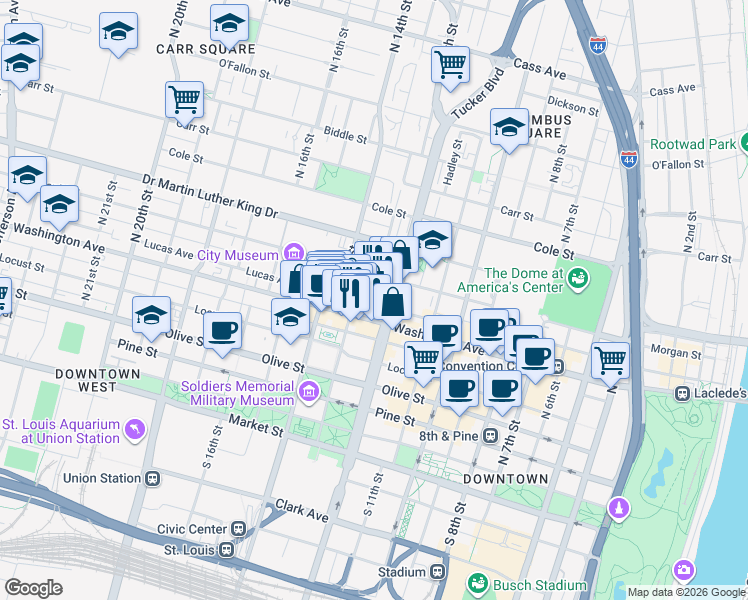 map of restaurants, bars, coffee shops, grocery stores, and more near 1228 Lucas Avenue in St. Louis
