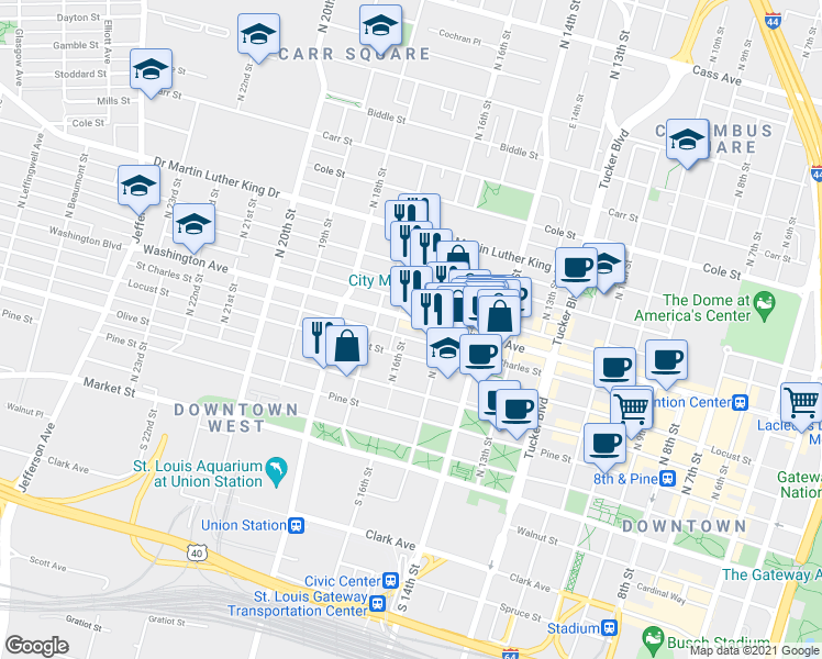 map of restaurants, bars, coffee shops, grocery stores, and more near 1520 Washington Avenue in St. Louis
