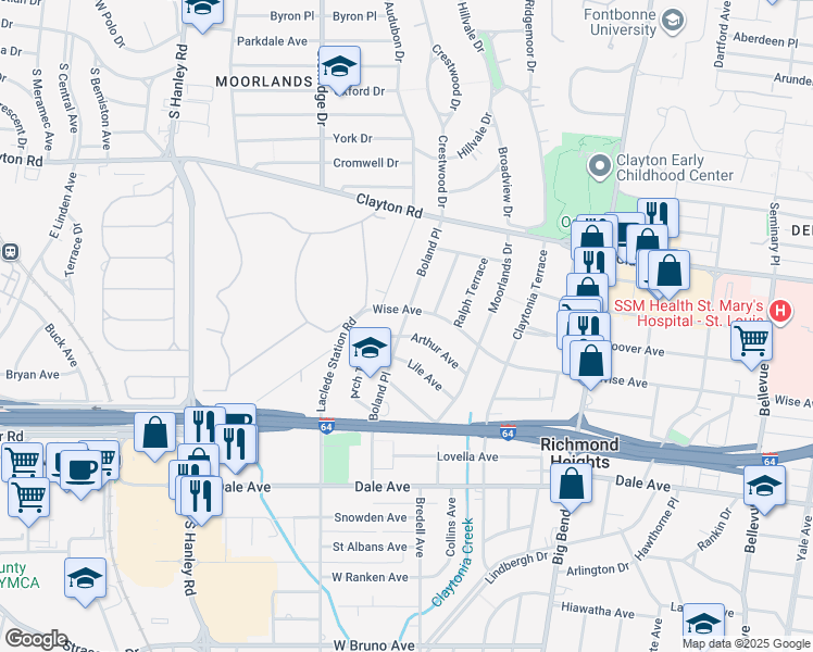 map of restaurants, bars, coffee shops, grocery stores, and more near 1215 Arch Terrace in Richmond Heights