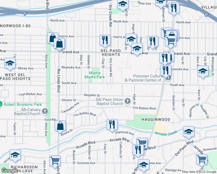 map of restaurants, bars, coffee shops, grocery stores, and more near 1204 South Avenue in Sacramento