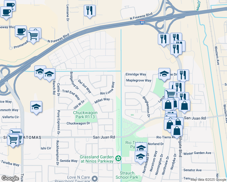 map of restaurants, bars, coffee shops, grocery stores, and more near 3600 Rio Loma Way in Sacramento