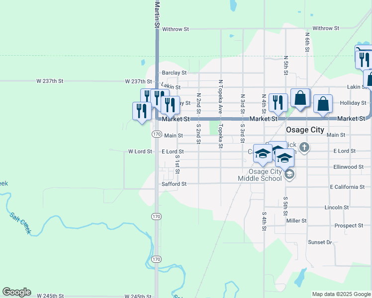 map of restaurants, bars, coffee shops, grocery stores, and more near 100-106 East Lord Street in Osage City