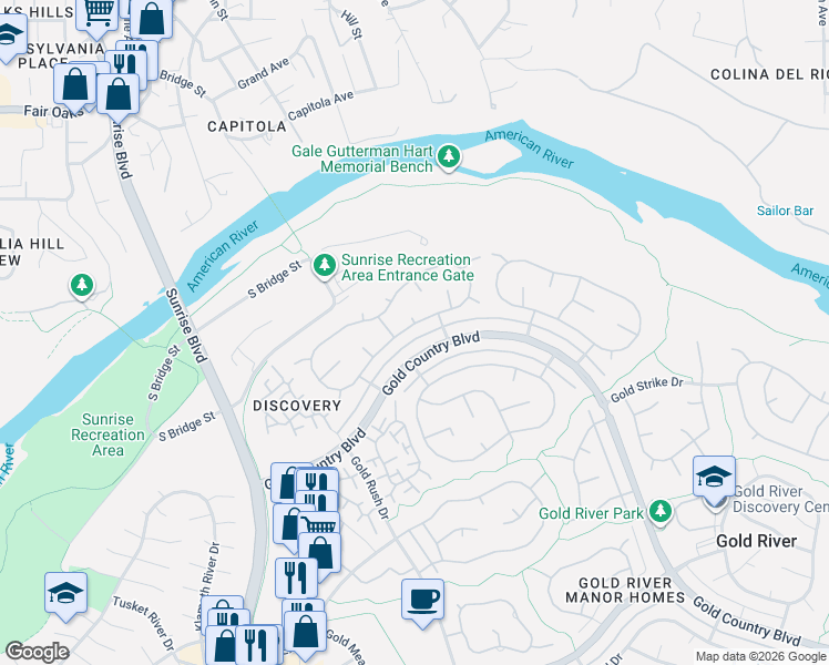 map of restaurants, bars, coffee shops, grocery stores, and more near 11517 Mother Lode Circle in Gold River