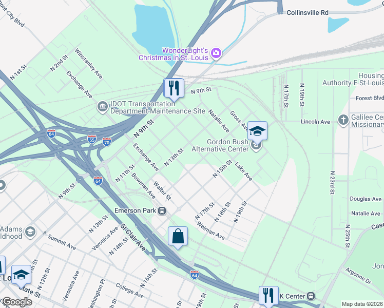 map of restaurants, bars, coffee shops, grocery stores, and more near 1216 North 13th Street in East St. Louis
