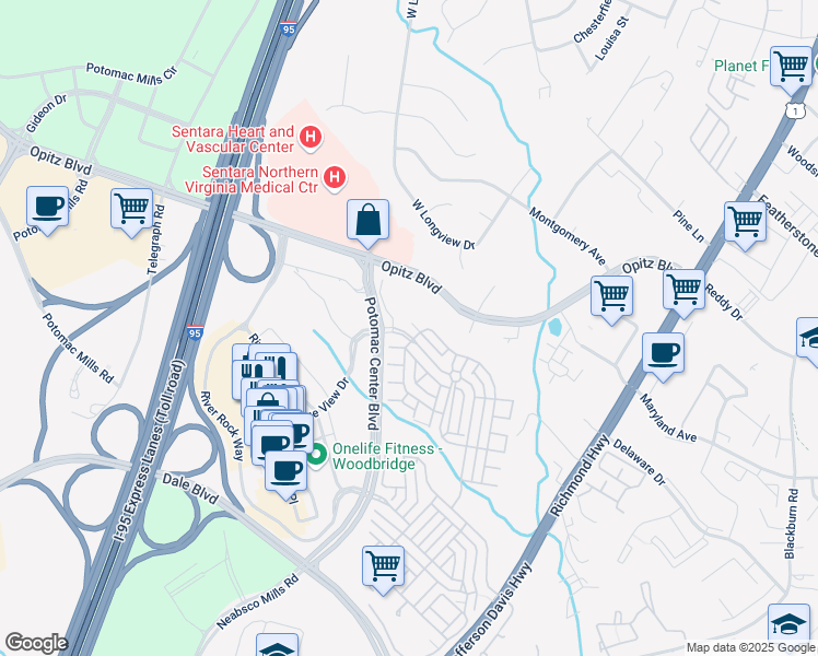 map of restaurants, bars, coffee shops, grocery stores, and more near 14701 Potomac Branch Drive in Woodbridge