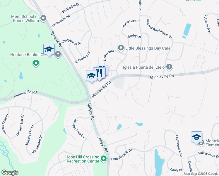 map of restaurants, bars, coffee shops, grocery stores, and more near 5484 Lavender Lane in Woodbridge