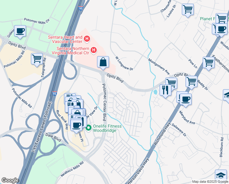 map of restaurants, bars, coffee shops, grocery stores, and more near 14701 Potomac Branch Drive in Woodbridge