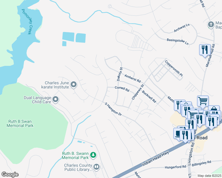 map of restaurants, bars, coffee shops, grocery stores, and more near 6543 Cornell Road in Bryans Road