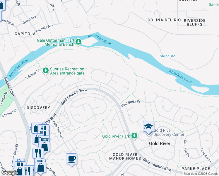 map of restaurants, bars, coffee shops, grocery stores, and more near 11579 Forty Niner Circle in Gold River