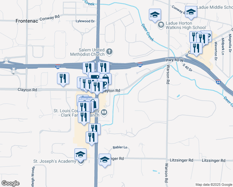 map of restaurants, bars, coffee shops, grocery stores, and more near 1 Woodoaks Trail in St. Louis