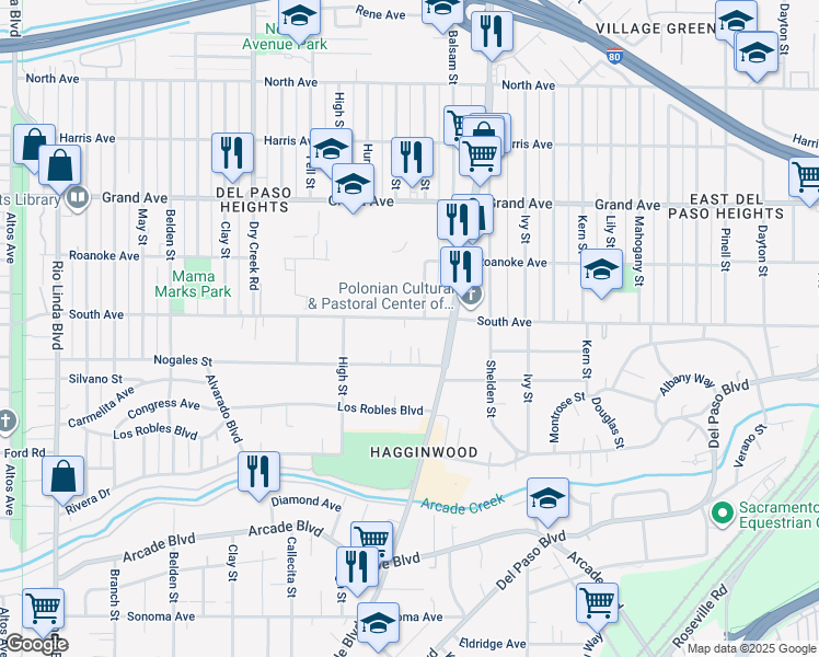 map of restaurants, bars, coffee shops, grocery stores, and more near 1522 South Avenue in Sacramento