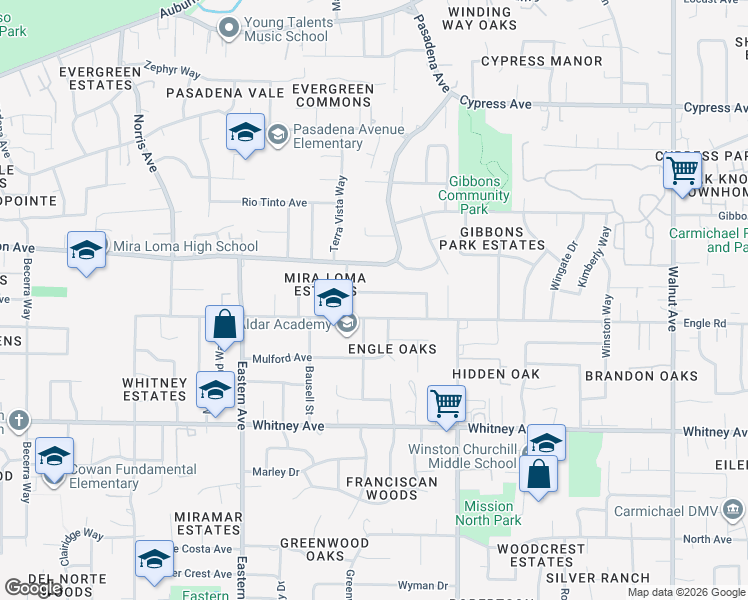 map of restaurants, bars, coffee shops, grocery stores, and more near 4530 Belcrest Way in Sacramento