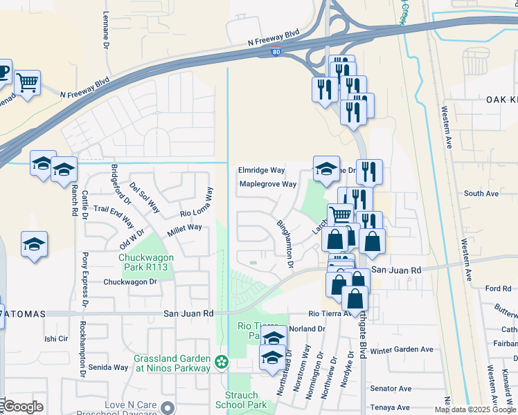 map of restaurants, bars, coffee shops, grocery stores, and more near 3578 Binghamton Drive in Sacramento