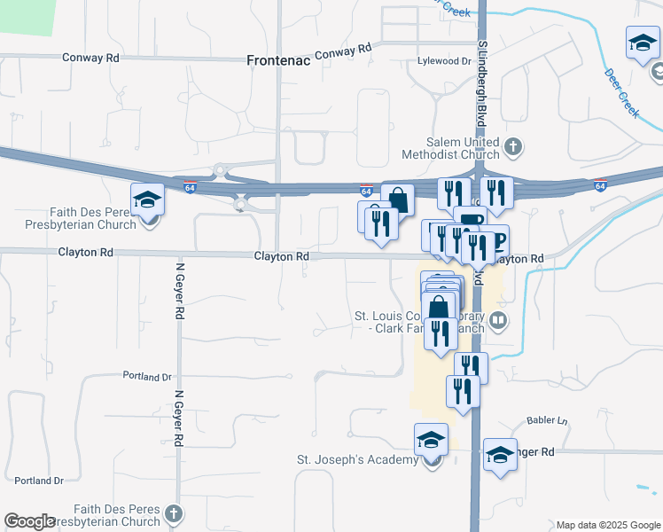 map of restaurants, bars, coffee shops, grocery stores, and more near 10600 Clayton Road in Frontenac