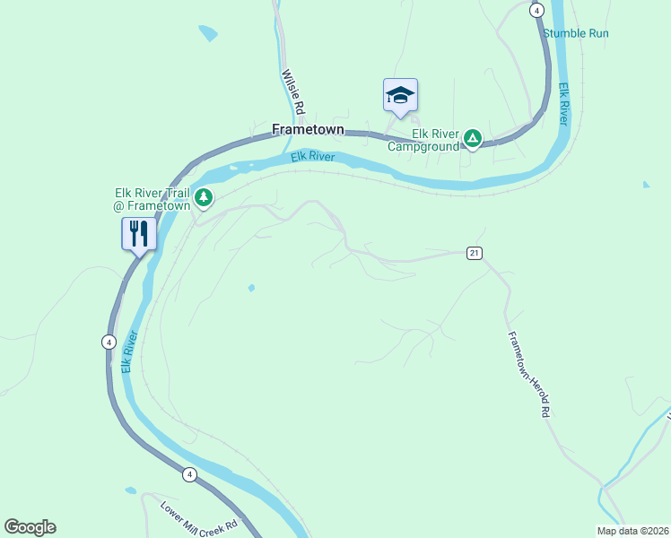 map of restaurants, bars, coffee shops, grocery stores, and more near 642 Frametown Road in Frametown