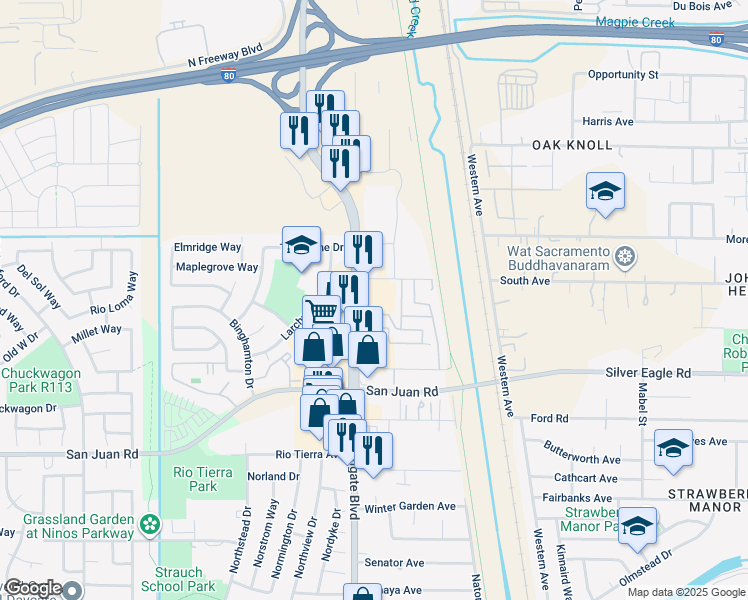 map of restaurants, bars, coffee shops, grocery stores, and more near 3570 Northgate Boulevard in Sacramento