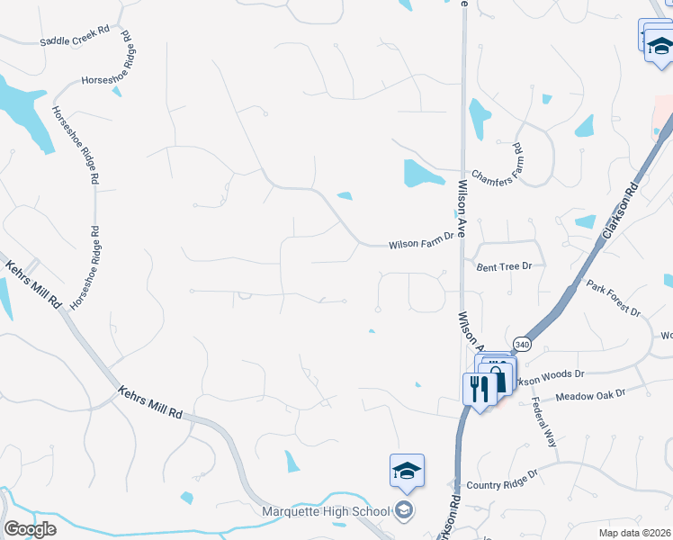 map of restaurants, bars, coffee shops, grocery stores, and more near 2018 Wilson Farm Court in Chesterfield