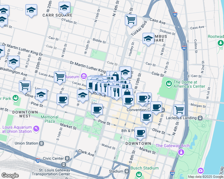 map of restaurants, bars, coffee shops, grocery stores, and more near 709 North Tucker Boulevard in St. Louis