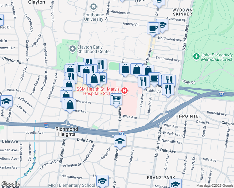 map of restaurants, bars, coffee shops, grocery stores, and more near 1035C Bellevue Avenue in Richmond Heights