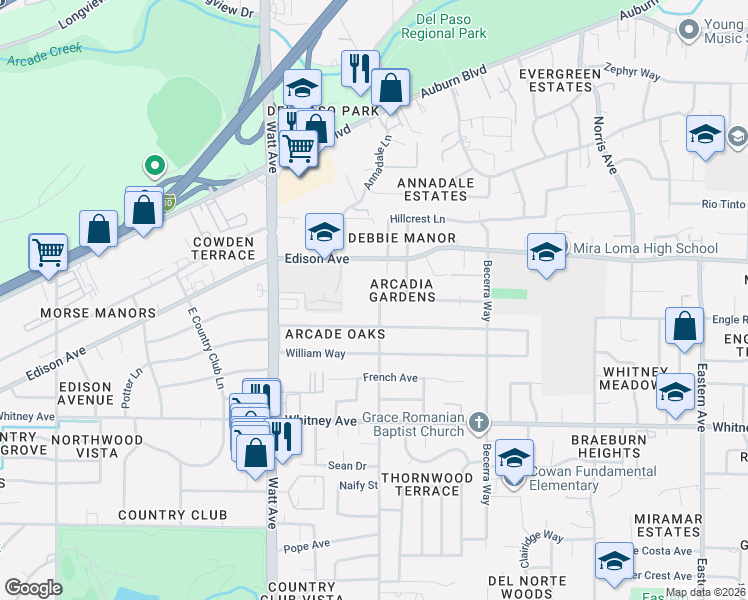 map of restaurants, bars, coffee shops, grocery stores, and more near 3661 Montclaire Street in Sacramento