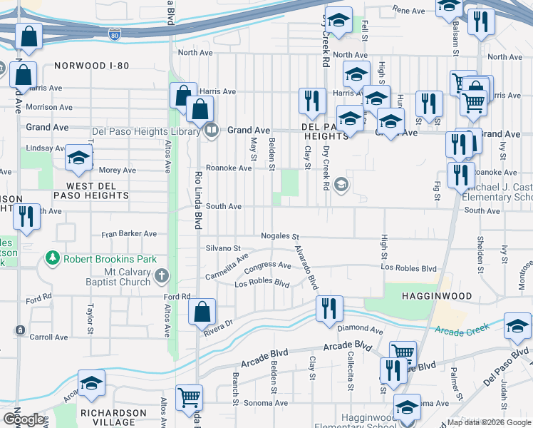 map of restaurants, bars, coffee shops, grocery stores, and more near 3560 Belden Street in Sacramento