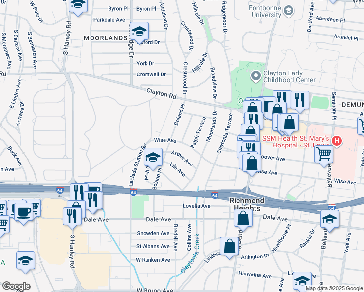 map of restaurants, bars, coffee shops, grocery stores, and more near 7731 Arthur Avenue in Richmond Heights