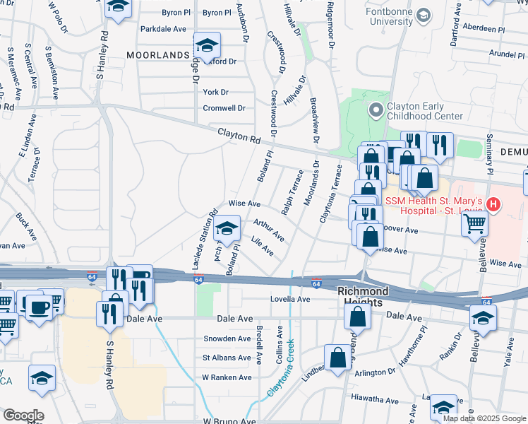 map of restaurants, bars, coffee shops, grocery stores, and more near 7731 Arthur Avenue in Richmond Heights