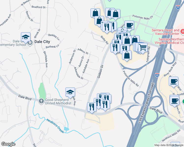 map of restaurants, bars, coffee shops, grocery stores, and more near 3004 Albany Court in Woodbridge