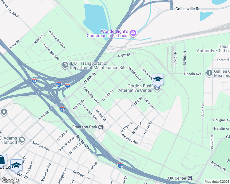 map of restaurants, bars, coffee shops, grocery stores, and more near 1216 North 13th Street in East St. Louis