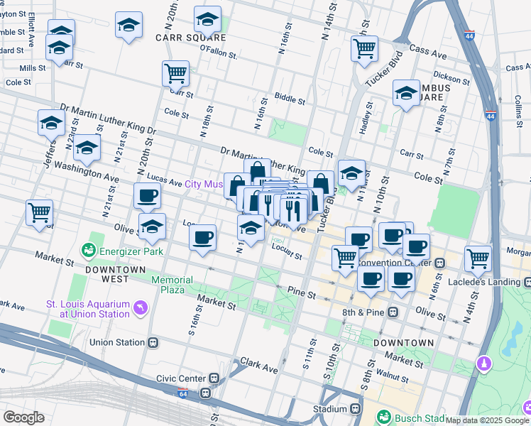 map of restaurants, bars, coffee shops, grocery stores, and more near 500-514 North 14th Street in St. Louis