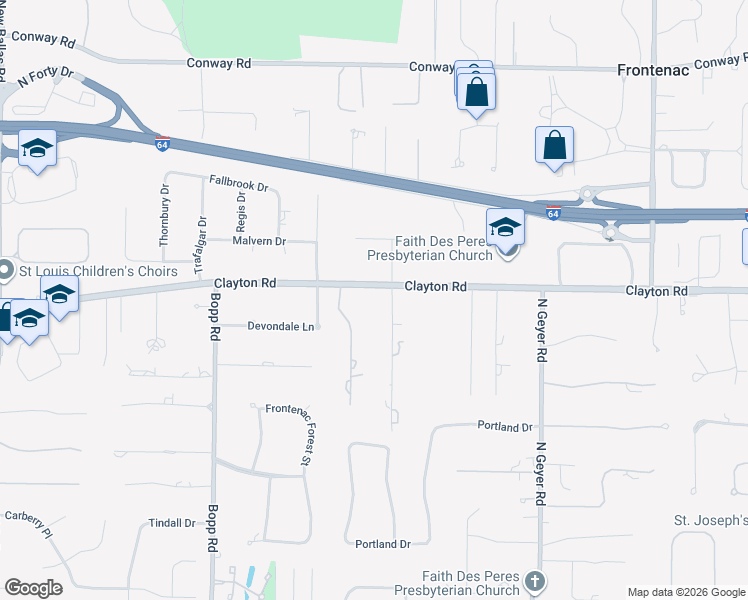 map of restaurants, bars, coffee shops, grocery stores, and more near 11420 Clayton Road in Frontenac