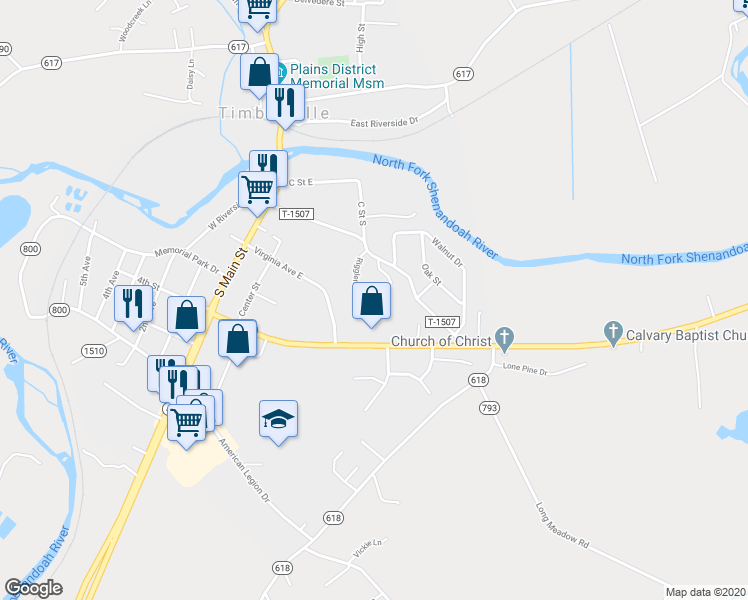 map of restaurants, bars, coffee shops, grocery stores, and more near 1100 Riggleman Drive in Timberville