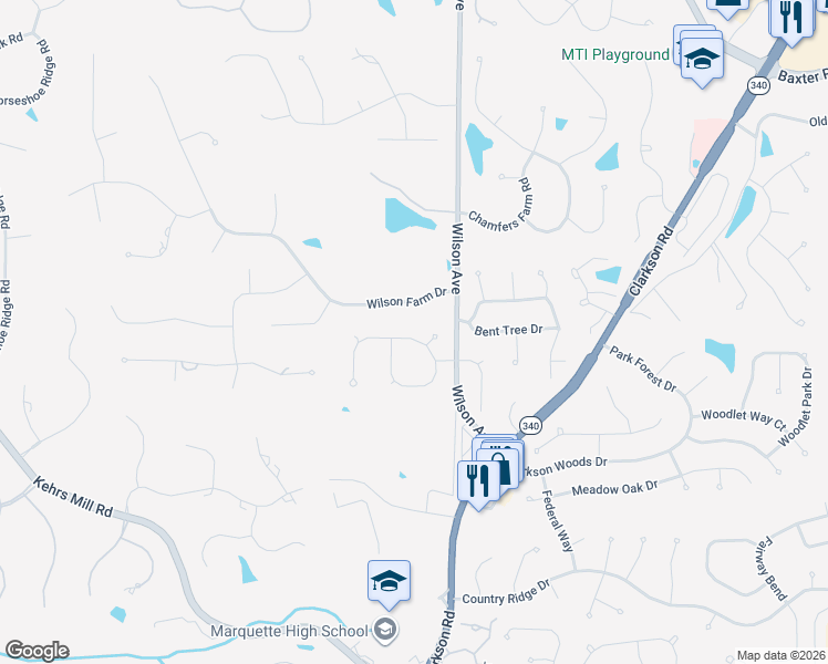 map of restaurants, bars, coffee shops, grocery stores, and more near 16315 Champion Drive in Chesterfield