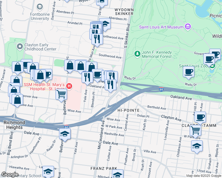 map of restaurants, bars, coffee shops, grocery stores, and more near 1015 Hi Pointe Place in St. Louis
