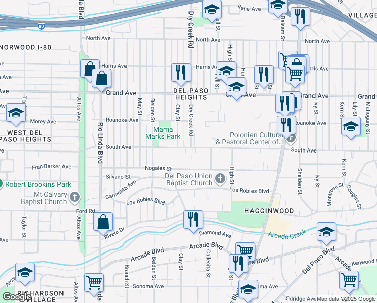 map of restaurants, bars, coffee shops, grocery stores, and more near 1206 South Avenue in Sacramento