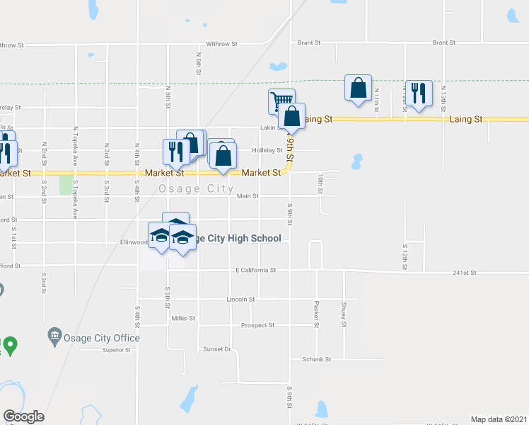 map of restaurants, bars, coffee shops, grocery stores, and more near 804 East Lord Street in Osage City
