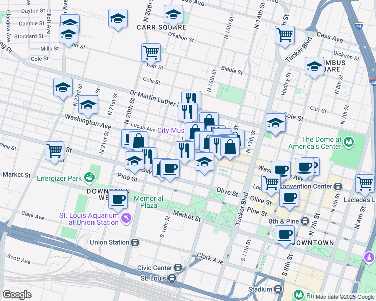 map of restaurants, bars, coffee shops, grocery stores, and more near 1520 Washington Avenue in St. Louis
