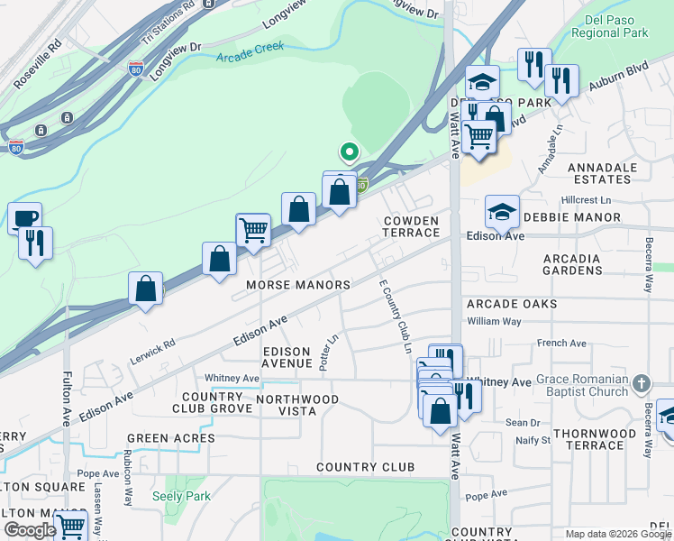map of restaurants, bars, coffee shops, grocery stores, and more near 3312 Lerwick Road in Sacramento