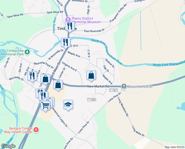 map of restaurants, bars, coffee shops, grocery stores, and more near 1100 Riggleman Drive in Timberville