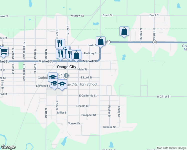 map of restaurants, bars, coffee shops, grocery stores, and more near 804 E Lord St in Osage City
