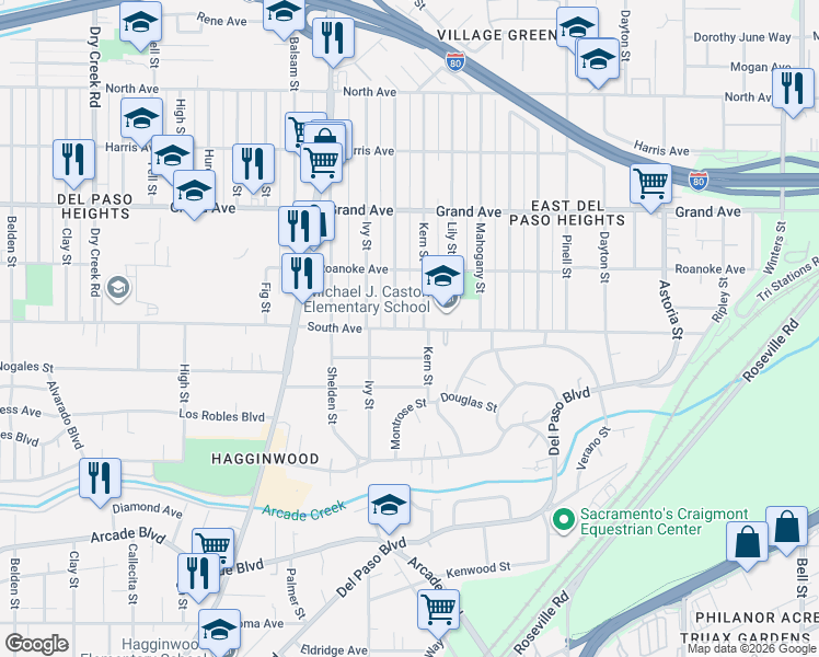 map of restaurants, bars, coffee shops, grocery stores, and more near 1744 South Avenue in Sacramento