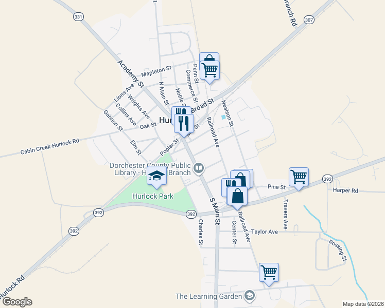 map of restaurants, bars, coffee shops, grocery stores, and more near 209 South Main Street in Hurlock