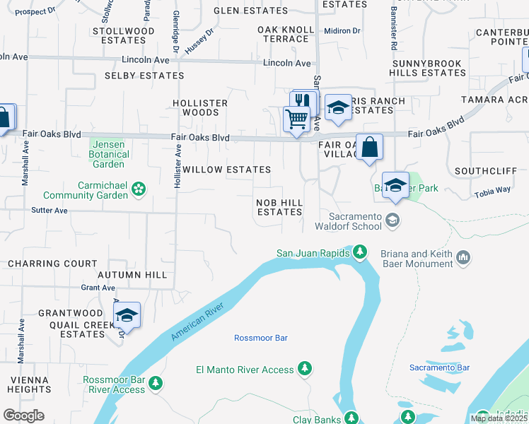 map of restaurants, bars, coffee shops, grocery stores, and more near 3710 Dell Road in Carmichael