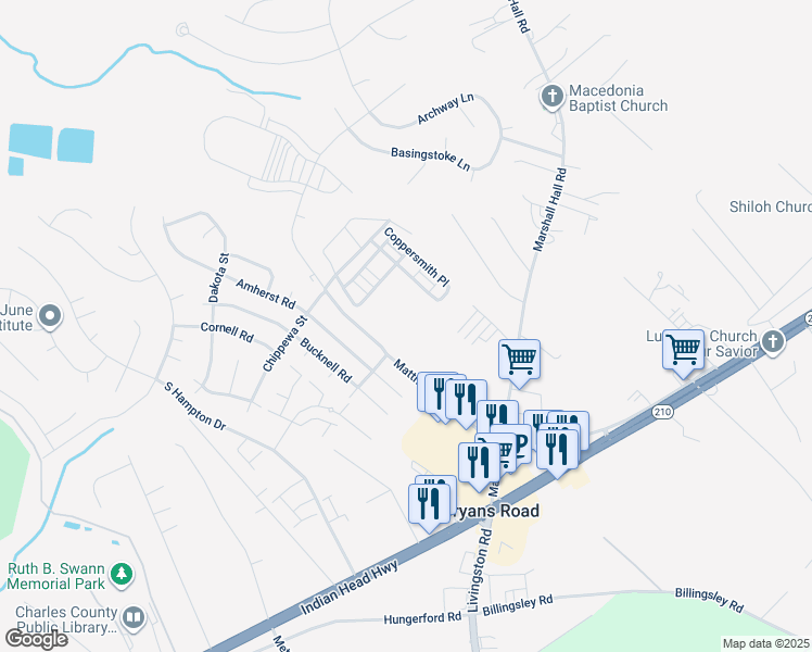 map of restaurants, bars, coffee shops, grocery stores, and more near in Bryans Road