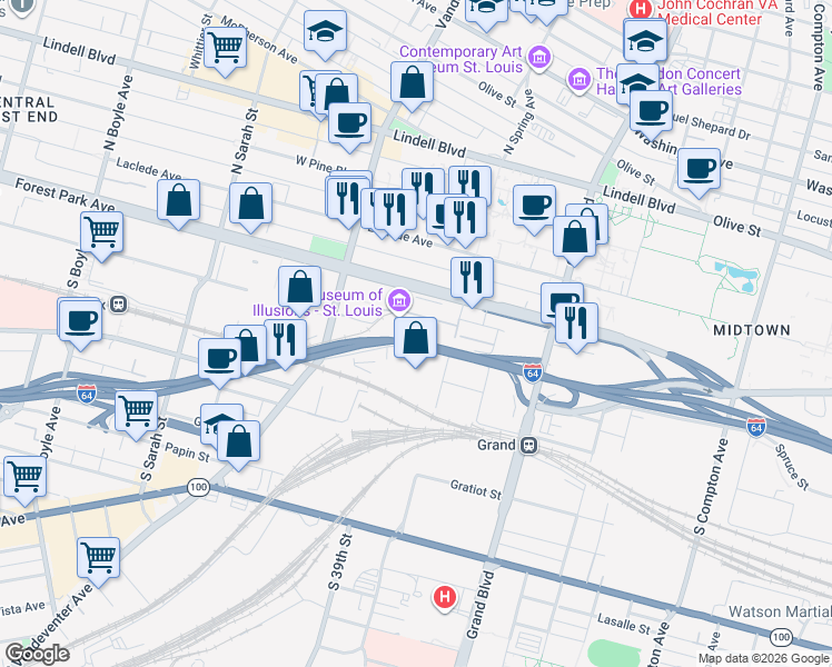 map of restaurants, bars, coffee shops, grocery stores, and more near 211 South Spring Avenue in St. Louis