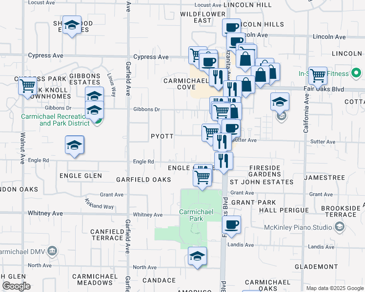map of restaurants, bars, coffee shops, grocery stores, and more near 3719 Bella Cruz Court in Carmichael