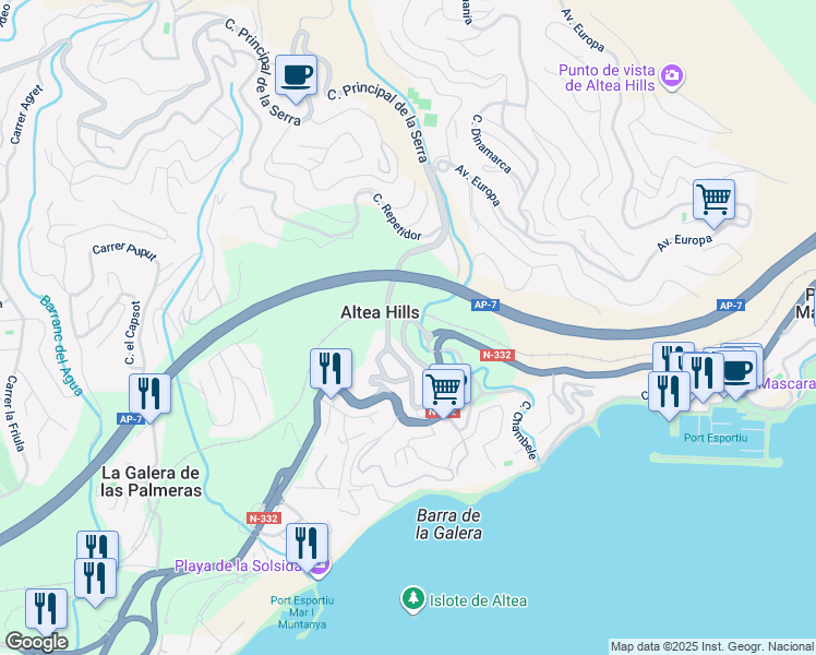 map of restaurants, bars, coffee shops, grocery stores, and more near 181 Calle Principal de la Serra in Altea
