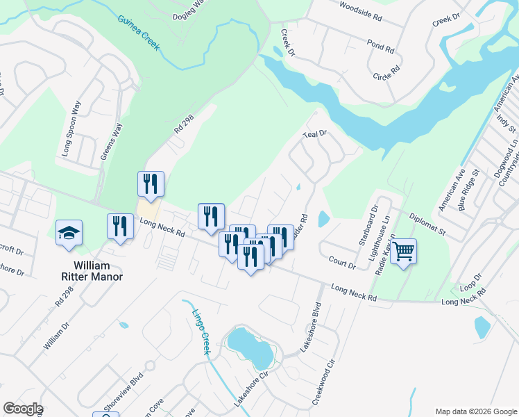map of restaurants, bars, coffee shops, grocery stores, and more near 25850 Kings Lane in Millsboro