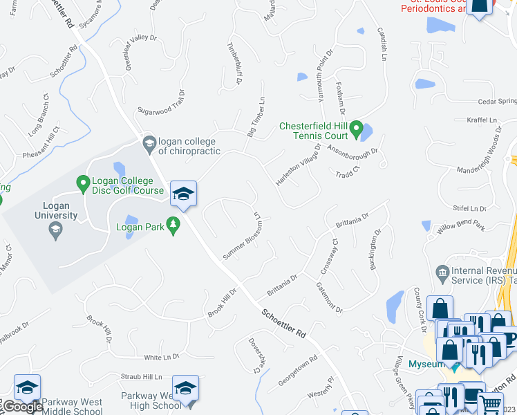 map of restaurants, bars, coffee shops, grocery stores, and more near 1802 Autumn Glen Court in Chesterfield